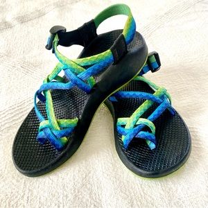 Chaco Two Strap Blue & Green w/ Green Soles W6